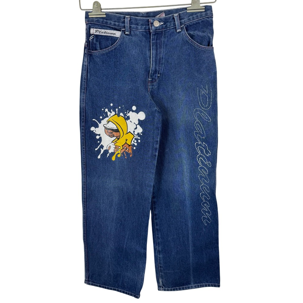Y2K Baggy Jeans Cartoon Graphic Embroidered Platinum Unisex Streetwear Denim